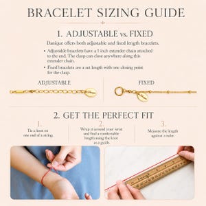 Bracelet sizing guide with text explaining adjustable vs. fixed bracelets. Includes instructions on how to measure wrist size using a string and ruler. The guide shows gold-colored bracelets with a 1-inch extender chain.
