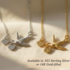 Metal options comparison photo showing silver and gold mama bird necklaces, personalized initial charm jewelry available in 925 sterling silver or gold-filled finish.