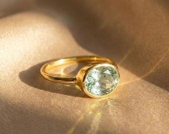 Oval Green Amethyst Ring • Bespoke Birthstone Ring for Her, Light Green Gemstone Jewelry, February Birthstone Solitaire Valentines Gift Her