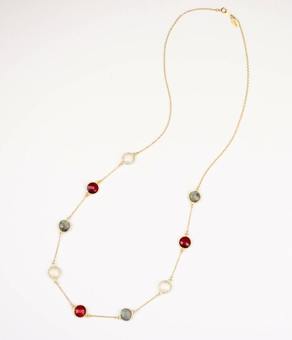 Long Station Necklace Garnet Opalite Labradorite Necklace | Etsy