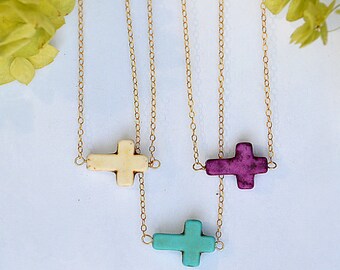 UITVERKOOP - ketting zijwaarts kruis, kleine zijwaarts turkoois kruisketting, Kelly Ripa zijwaarts kruisketting, kruis hanger, paascadeau