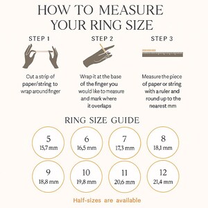 Ring size guide showing how to measure your ring size with paper or string and chart from size 5 to 12. Easy DIY ring measurement for custom, personalized, engagement, and birthstone rings by Danique Jewelry.
