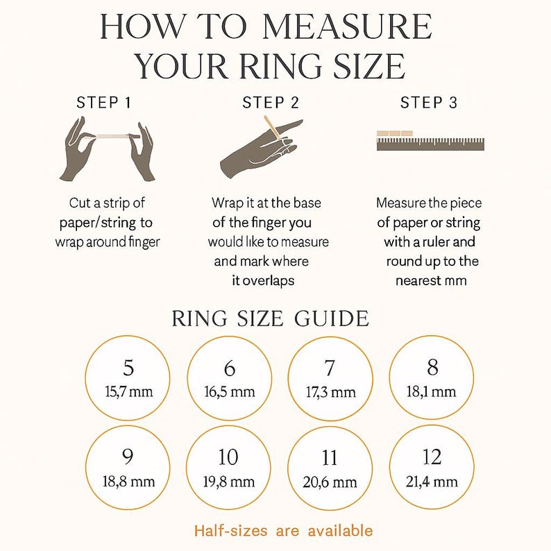 Ring size guide showing how to measure your ring size with paper or string and chart from size 5 to 12. Easy DIY ring measurement for custom, personalized, engagement, and birthstone rings by Danique Jewelry.