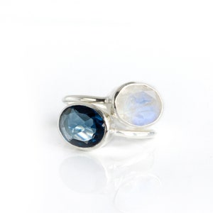 Moonstone and Kyanite Quartz Stacking Ring Set, Pair of Oval Gemstone Rings, Natural White Rainbow Moonstone Sapphire Alternative Blue Stone image 4