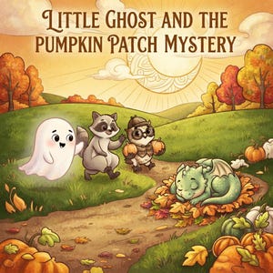 May include: A colourful illustration titled Little Ghost and the Pumpkin Patch Mystery featuring a white ghost, a raccoon, an owl wearing a hat and glasses, and a green dragon resting in autumn leaves, set in a pumpkin patch under a crescent moon.