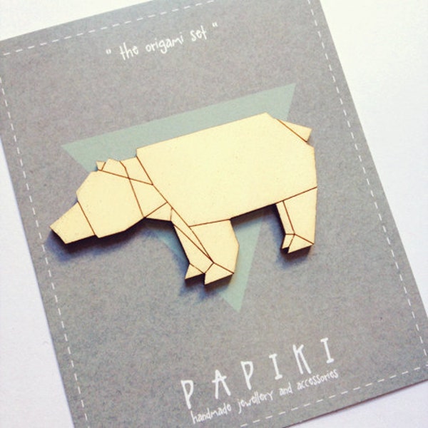 SALE / Origami bear hand painted wooden brooch