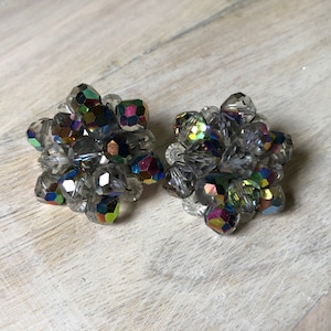 Vintage Earrings, Aurora Borealis Clip-On, Mid Century Earrings, Grey