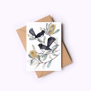 Willy Wagtail Watercolour greeting Card | A6 Card Art Print | Australian Banksia Card | Handmade greeting card