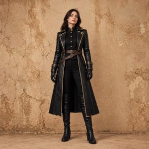 May include: A long black leather coat with gold trim, worn over a black button-up shirt and black trousers. The outfit includes a brown leather belt with a buckle, black leather gloves, and black knee-high leather boots with a block heel.