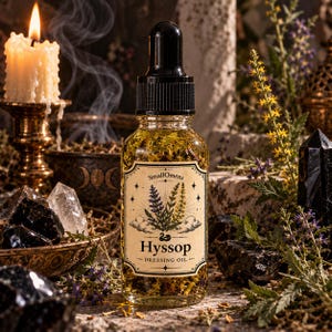 May include: A clear glass dropper bottle containing golden hued oil with visible botanical pieces. The label features the text SmallOmens and Hyssop Dressing Oil, accompanied by an illustration of flowering plants, clouds, and a small snake.