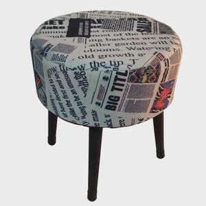 Newspaper Patterned Pouf Stool Footrest with Wooden Legs (Legs included)