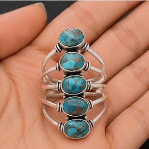 Ring van blauwkoper en turkoois, 925 sterling zilver, statement ring met 5 stenen, lange boho-pantserring, sieraden in Zuidwest-Amerikaanse stijl, uniek cadeau voor haar.