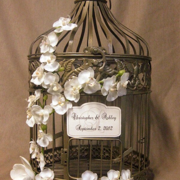 Gold Bird Cage Wedding Card Box Vintage Style with Orchid Vine / Wedding Card Holder Birdcage Gold / Wedding Birdcage
