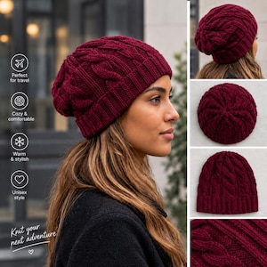 Peut inclure: Un bonnet bordeaux profond avec un motif en tricot torsadé épais et un bord côtelé. Le bonnet est présenté sous plusieurs angles, incluant un profil, une vue de dessus et un gros plan sur la texture du tricot.