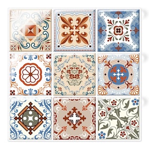 May include: A set of nine square tiles arranged in a three-by-three grid, each featuring distinct decorative patterns in shades of blue, brown, cream, and white. The designs include floral motifs, geometric shapes, and fleur-de-lis elements.