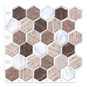 May include: A wall tile sheet featuring a repeating hexagonal pattern with a mix of white marble, light beige wood grain, and dark brown wood grain textures. The left side includes the text Overlap Here in several locations for alignment.