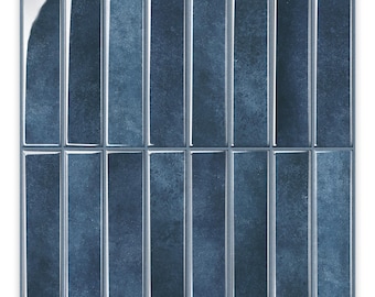 May include: A square mosaic tile sheet featuring sixteen vertical rectangular tiles arranged in two rows of eight. Each tile has a glossy, deep navy blue finish with a subtle, mottled texture and reflective edges that create a dimensional look.