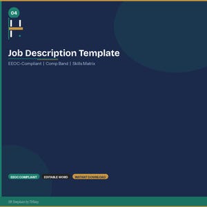 Może przedstawiać: Ciemnoniebieski cyfrowy szablon opisu stanowiska z białym tekstem: Job Description Template, EEOC-Compliant, Comp Band i Skills Matrix. Zawiera przyciski EEOC COMPLIANT, EDITABLE WORD oraz INSTANT DOWNLOAD na dole.
