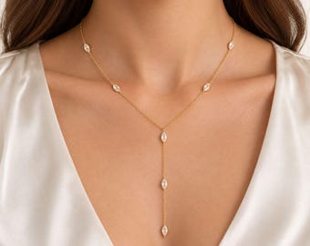 Y Lariat Necklace, Marquise Y Necklace, Layering Necklace, Y Necklace, Simple Chain Necklace