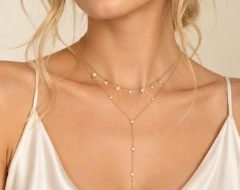 925 Sterling Silver Necklace: Gold Plated CZ Stars, Y Lariat Drop