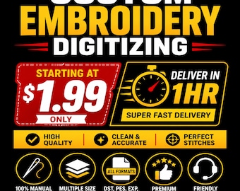 Service voor het digitaliseren van borduurpatronen op maat | Logo digitaliseren | Digitaliseren op maat voor borduurpatronen | Afbeelding converteren naar DST, PES, EXP | Snelle levertijd