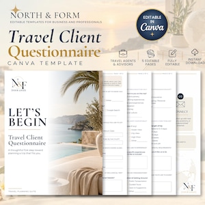 May include: A digital travel client questionnaire template featuring five editable pages with a white and navy blue color scheme. The cover page displays the text "LET'S BEGIN" and "Travel Client Questionnaire" over a coastal vacation scene.