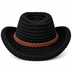 May include: A black crocheted hat with a structured crown and a curved brim. The hat features a textured, woven appearance throughout and includes a contrasting brown braided band encircling the base of the crown, adding a distinct detail.
