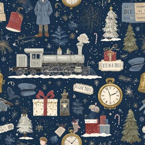 Peut inclure: Un tissu bleu marine avec un motif répétitif de locomotive à vapeur, sapins, cadeaux emballés, montres de poche et une personne en manteau. Le design inclut les textes 'D'EST EN A TREFF' et 'ALIJAC TREFF' parmi des flocons de neige blancs.