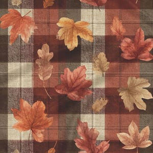 May include: A fabric pattern featuring a plaid design in shades of dark red, brown, and cream. The surface is decorated with scattered autumn leaves in various sizes and shapes, including maple and oak, rendered in warm orange, red, and tan tones.