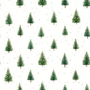 May include: A repeating pattern on a white background featuring watercolor-style green pine trees of varying sizes. Each tree is depicted with textured green needles and small red accents, interspersed with scattered dark gray dots representing snow.