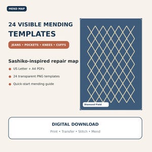 ジーンズの補修用テンプレート - 刺し子風補修パターン24種類（PDF）