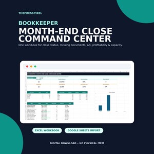 Bookkeeper Month-End Close Command Center, Client Document & Deadline Tracker, Excel Spreadsheet, Google Sheets Import