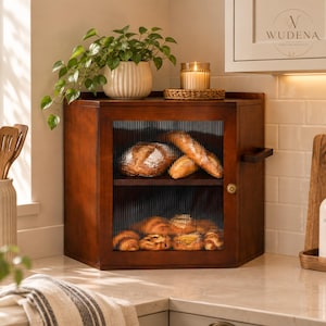 May include: A dark wood corner bread box with a fluted glass door and a small gold knob. The interior features two shelves holding various baked goods, including loaves and rolls. A green plant in a ribbed pot sits on top of the cabinet.