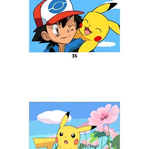 May include: Two rectangular illustrations labeled 35 and 36. Illustration 35 shows a character with black hair wearing a red, white, and blue cap, hugging a yellow creature with red cheeks. Illustration 36 shows the yellow creature in a field of pink flowers.