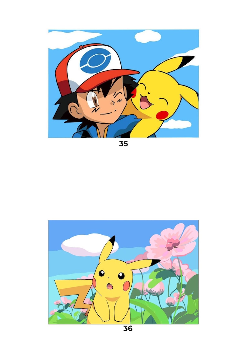 May include: Two rectangular illustrations labeled 35 and 36. Illustration 35 shows a character with black hair wearing a red, white, and blue cap, hugging a yellow creature with red cheeks. Illustration 36 shows the yellow creature in a field of pink flowers.