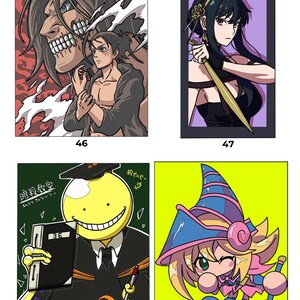 May include: A set of four anime-style illustrations labeled 46 through 49. Image 46 shows a titan and a man. Image 47 features a woman with a gold weapon. Image 48 depicts a yellow creature in a black suit holding a book labeled 3E. Image 49 shows a character with a blue hat.