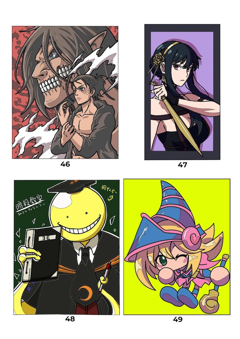 May include: A set of four anime-style illustrations labeled 46 through 49. Image 46 shows a titan and a man. Image 47 features a woman with a gold weapon. Image 48 depicts a yellow creature in a black suit holding a book labeled 3E. Image 49 shows a character with a blue hat.