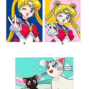 May include: Three rectangular illustrations featuring a blonde character with twin tails wearing a white and blue sailor-style outfit with a red bow, making a peace sign, and a second illustration showing a black cat and a white cat with crescent moon symbols.