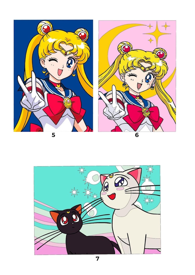 May include: Three rectangular illustrations featuring a blonde character with twin tails wearing a white and blue sailor-style outfit with a red bow, making a peace sign, and a second illustration showing a black cat and a white cat with crescent moon symbols.
