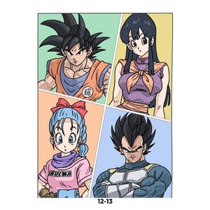 May include: A four-panel illustration featuring anime characters. Top left: a spiky-haired character in an orange gi. Top right: a long-haired character in a purple outfit. Bottom left: a blue-haired character in a pink shirt labeled BULMA. Bottom right: a spiky-haired character in armor. Text 12-13 appears at the bottom.