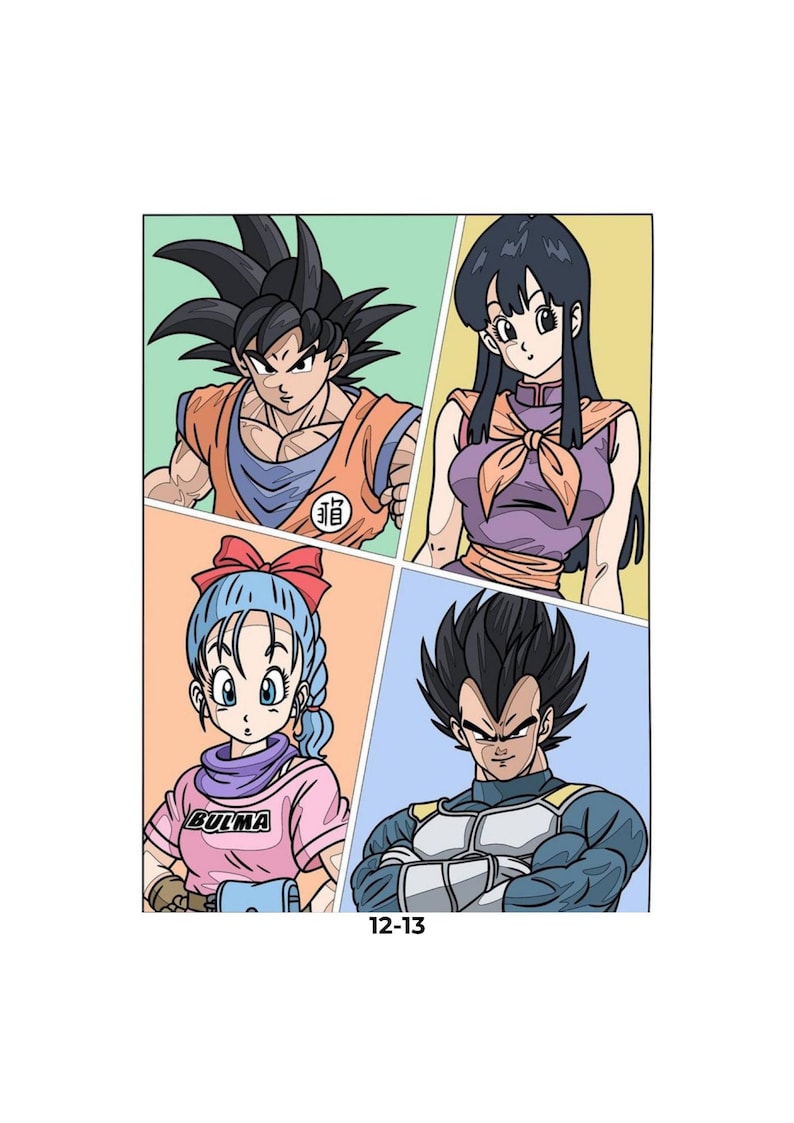 May include: A four-panel illustration featuring anime characters. Top left: a spiky-haired character in an orange gi. Top right: a long-haired character in a purple outfit. Bottom left: a blue-haired character in a pink shirt labeled BULMA. Bottom right: a spiky-haired character in armor. Text 12-13 appears at the bottom.