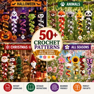 May include: A collection of 50+ crochet patterns for spiral hanging ornaments featuring Halloween, animal, Christmas, and seasonal themes. The image displays various crocheted figures including pumpkins, ghosts, animals, Santa, and flowers with text.