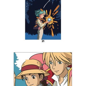 May include: Two rectangular illustrations labeled 21 and 22. Illustration 21 shows a character with teal hair holding a glowing blue orb against a dark night sky. Illustration 22 depicts a person in a straw hat beside a blonde-haired person.