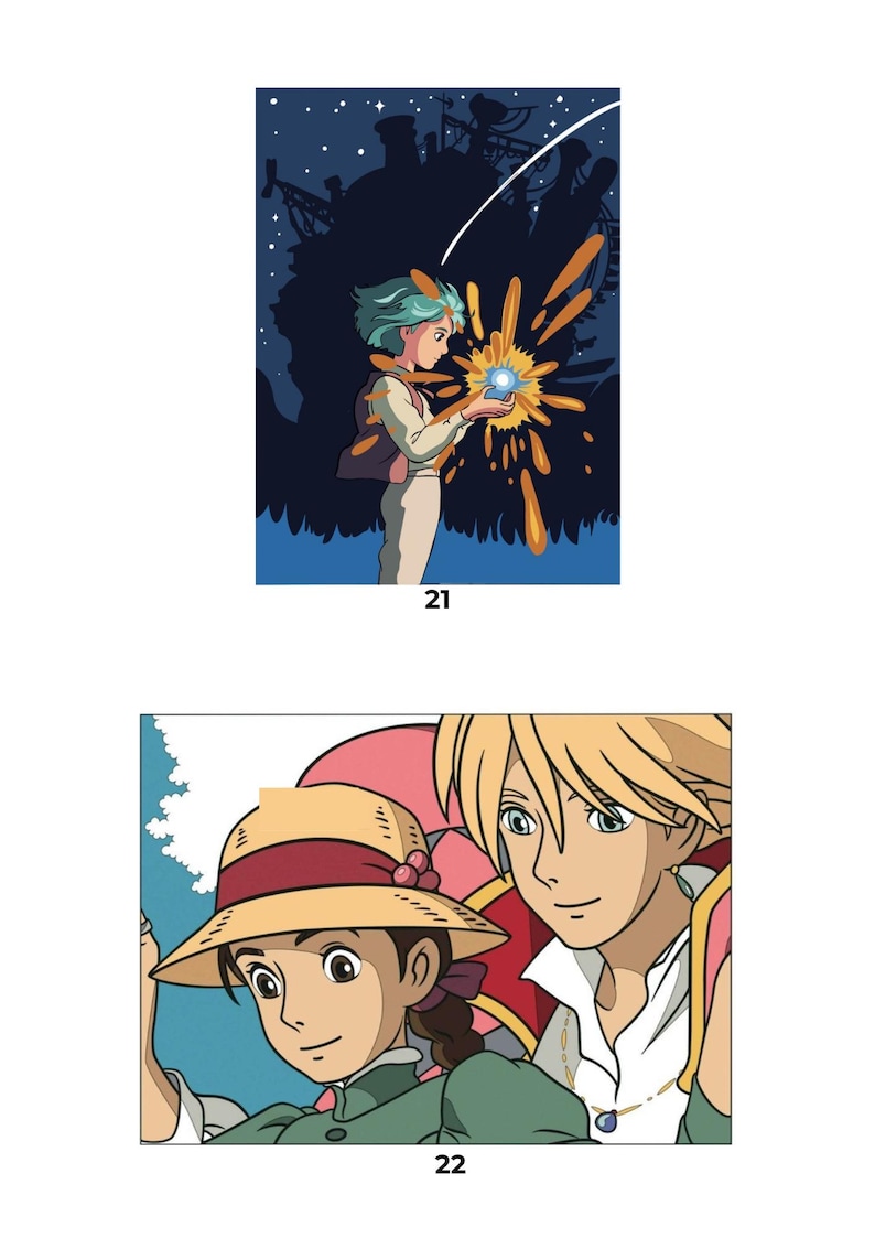 May include: Two rectangular illustrations labeled 21 and 22. Illustration 21 shows a character with teal hair holding a glowing blue orb against a dark night sky. Illustration 22 depicts a person in a straw hat beside a blonde-haired person.