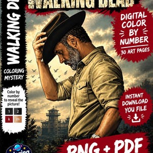 Peut inclure: Un livre d'art numérique de coloriage par numéro sur le thème The Walking Dead avec 30 pages aux formats PNG et PDF. La couverture montre un homme en chemise beige et chapeau noir, une silhouette de tour de guet et du texte.