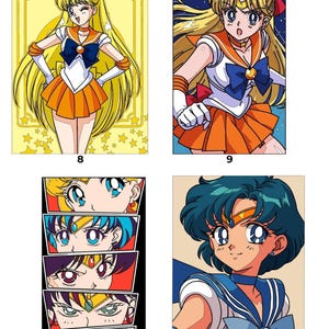May include: Four anime-style illustrations labeled 8, 9, 10, and 11. Images 8 and 9 feature a blonde character in a white, orange, and blue sailor uniform. Image 10 shows five close-up eye panels. Image 11 depicts a character with short blue hair.