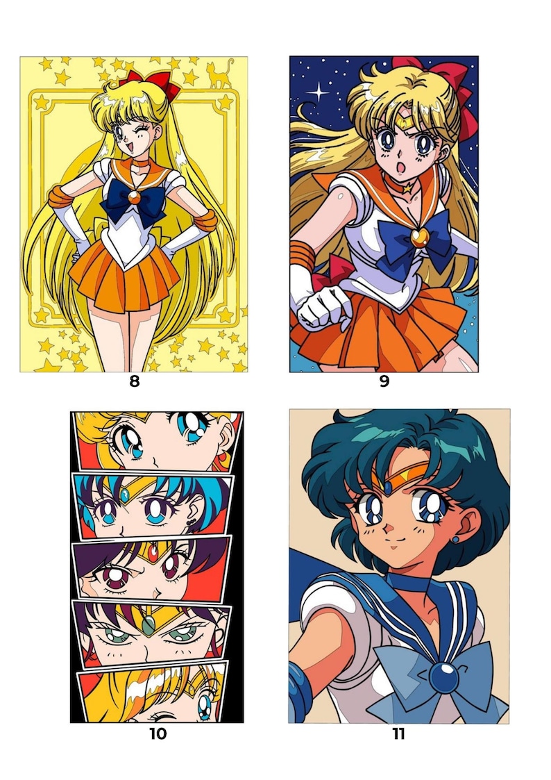 May include: Four anime-style illustrations labeled 8, 9, 10, and 11. Images 8 and 9 feature a blonde character in a white, orange, and blue sailor uniform. Image 10 shows five close-up eye panels. Image 11 depicts a character with short blue hair.