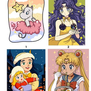May include: A set of four illustrations featuring a white creature on a pink cloud with a star, a purple-haired character in a yellow dress, a person holding a child in a winter setting, and a blonde character eating ramen with chopsticks.