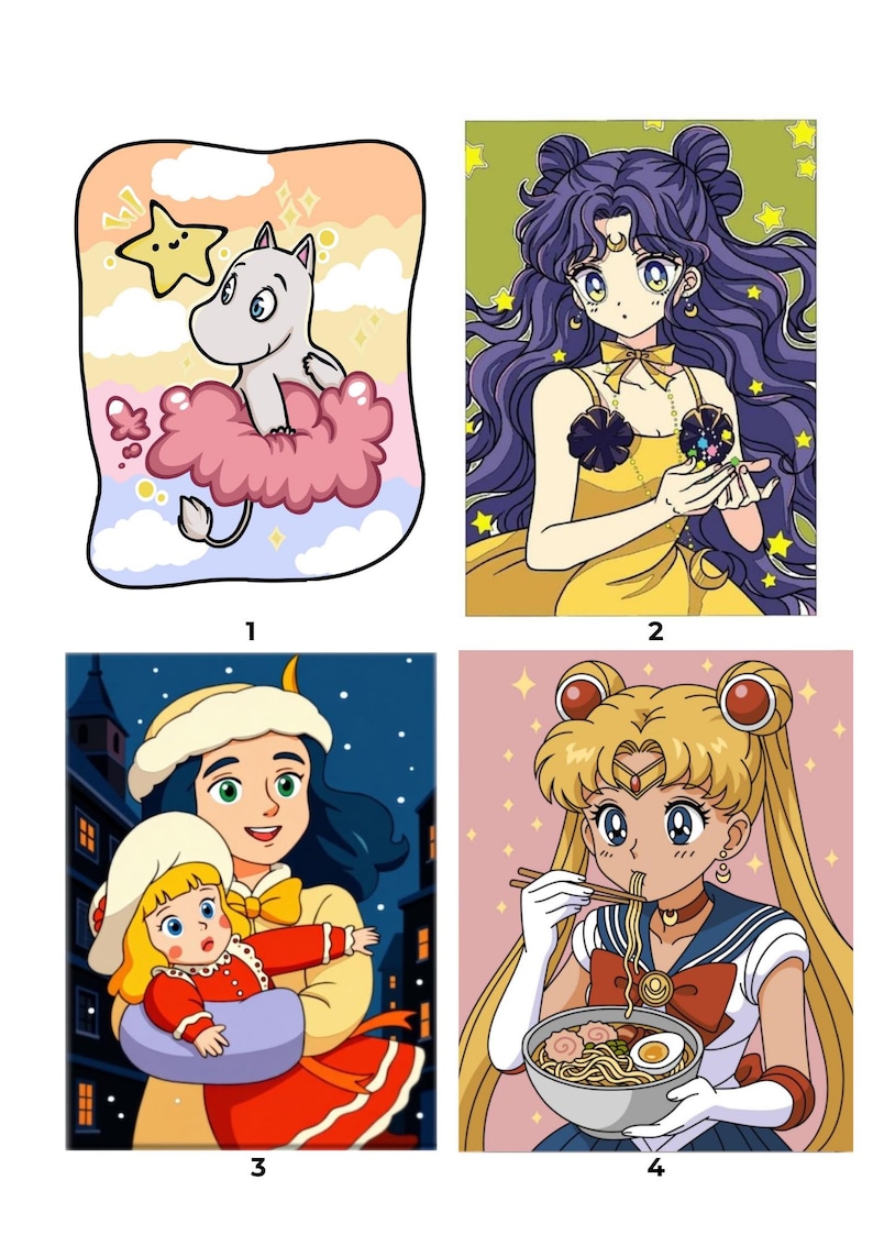 May include: A set of four illustrations featuring a white creature on a pink cloud with a star, a purple-haired character in a yellow dress, a person holding a child in a winter setting, and a blonde character eating ramen with chopsticks.