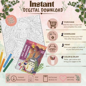 May include: A digital coloring book download featuring anime and cartoon characters. The page displays a line art illustration, a cover image with Totoro and Sailor Moon, and four steps for purchase, download, print, and color in 8.5x11 inch format.